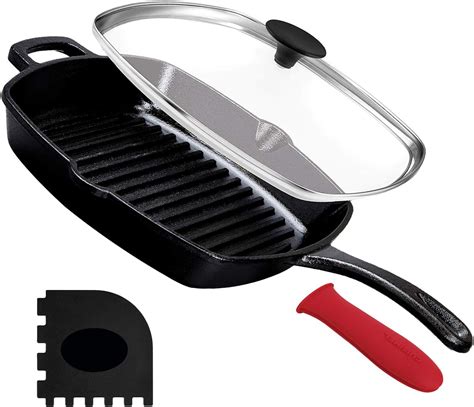 Cast Iron Square Grill Pan With Glass Lid 105 Inch Pre Seasoned