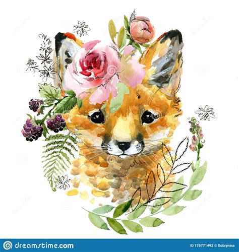 Cute Watercolor Cartoon Fox Forest Animal Illustration