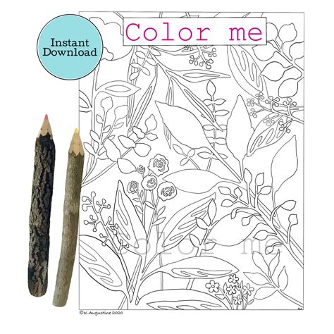 Botanical Floral Coloring Page Adult Coloring Hand Drawn Etsy