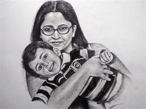 Mother And Son Charcoal Portrait By Koushik Stoned Santa