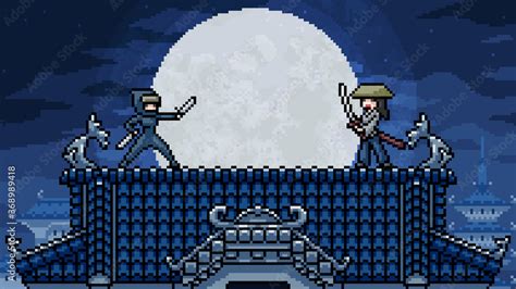 Pixel Art Scene Ninja Samurai Classic Fight Vector De Stock Adobe Stock