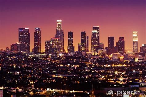 Adesivo Centro Di Los Angeles Skyline Di Notte California Pixersit