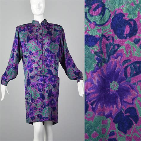Xs 1980s Emanuel Ungaro Purple Floral Print Dress Loose Fit Vtg Silky