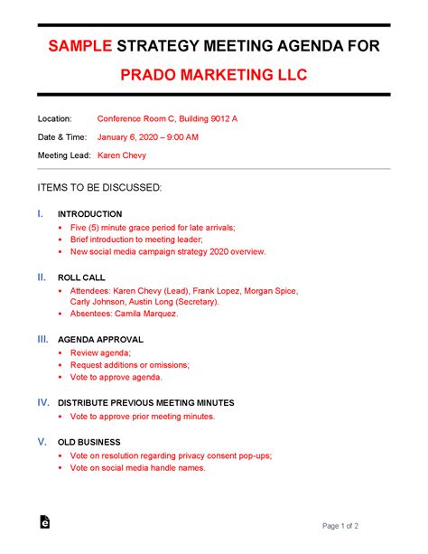 Free Strategy Meeting Agenda Template Sample Pdf Word Eforms