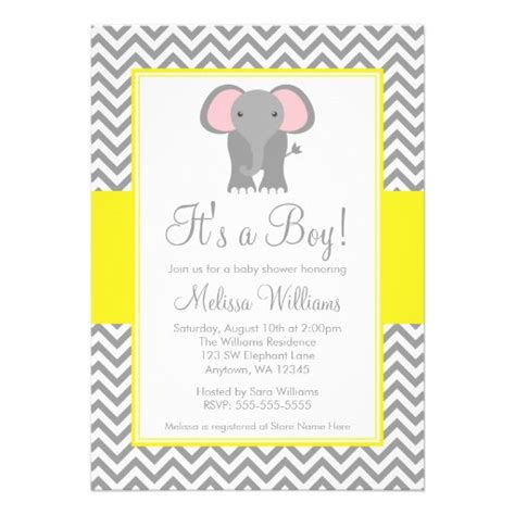 Elephant Chevron Yellow Gray Baby Shower 5x7 Paper Invitation Card Zazzle