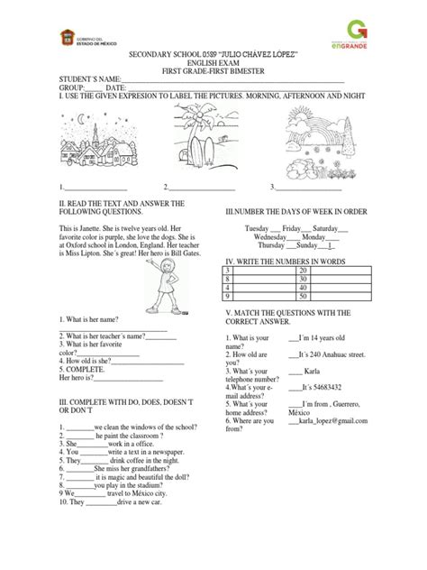 Actividades para mejorar el speaking (inglés oral), listening. Examen de Inglés Primer Grado Secundaria