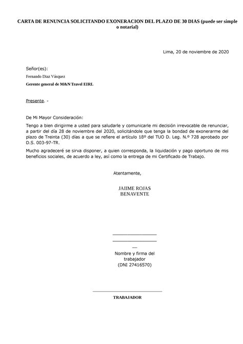 Carta DE Renuncia Solicitando Exoneracion DEL Plazo DE DIAS CARTA DE RENUNCIA SOLICITANDO