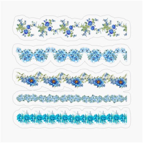 Blue Flowers And Leaves Are Arranged In Rows On A White Background