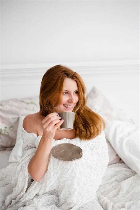 Beautiful Women With Morning Coffee Or Tea In Bed Stock Photo Image