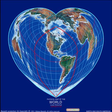 Heart Shaped Equal Area Physical World Map Americas Centered By Equal