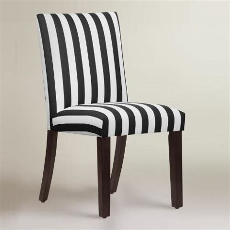 Showcasing black and white striped fabric upholstery and a sumptuous espresso finish on gently veering wood legs, this twosome flaunts exposed set of 2 armless modern dining chairs. Black and White Stripe Dining Chair