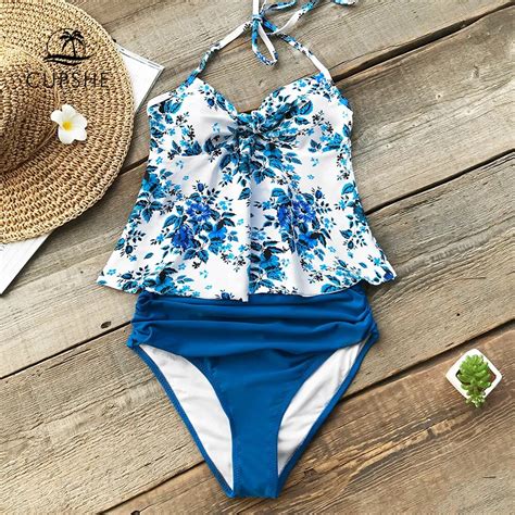 buy cupshe blue ocean voyage print halter bikini tankini sets swimsuits 2019