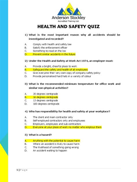 Health And Safety Quiz Answers Pdf Occupational Safety And Health
