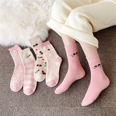 Wholesale Korean Cute Pink Socks Cotton Women Winter Thick Terry Crew Socks Set For Girls Buy