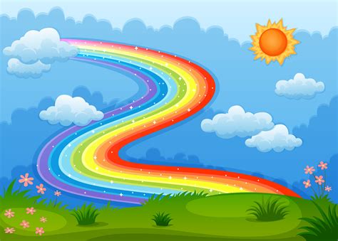 A Rainbow With Sparkling Stars Above The Hills 526529 Vector Art At