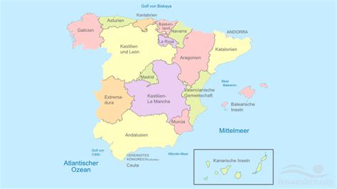 Spanien auf der karte europas. Informationen über Städte und Küsten von Spanien