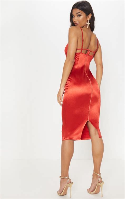 Red Lace Insert Satin Midi Dress Dresses Satin Midi Dress Midi Dress