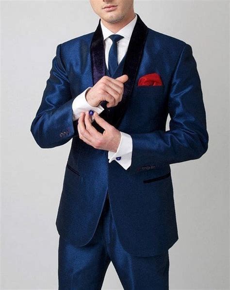 Men Suits Blue Silk Suits 3 Piece Suits Wedding Groom Wear Etsy