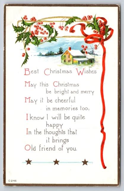 Holiday~holly Red Ribbon Home And Best Christmas Wishes Poem~vintage