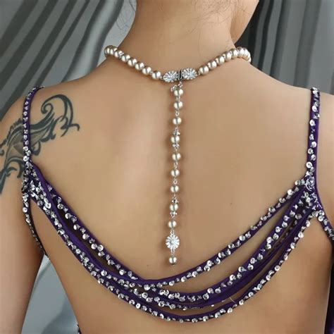 Lady Sex Back Chain Pink Glass Pearl Crystal Choker Necklace For Bridal Wedding Jewelry Banquet