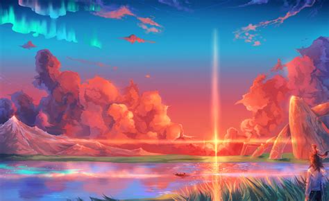 Wallpaper Illustration Anime Girls Landscape Sea Boat Sunset