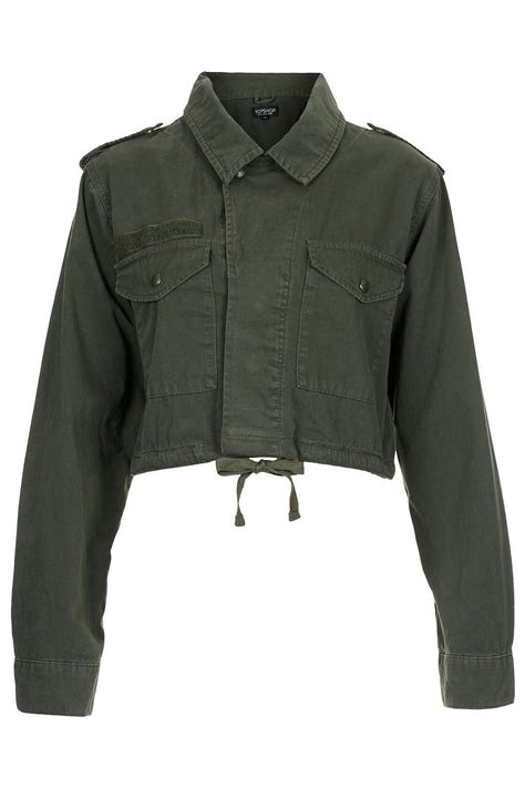 Lyst Topshop Cropped Army Jacket In Green