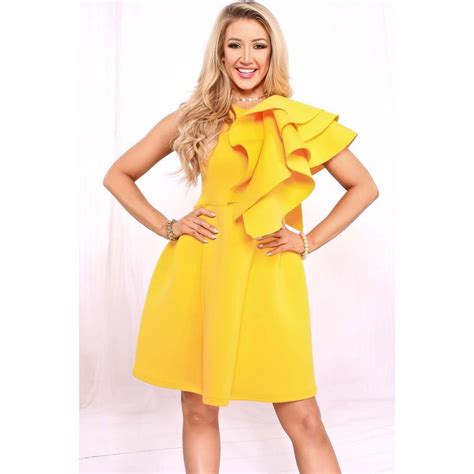 Adogirl Yellow One Shoulder Ruffle Scuba Knitting Fabric Dress Women