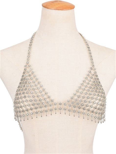Sexy Rhinestone Crystal Mesh Bikini Bra Chest Belly Coin Tassel Chains Crossover Harness