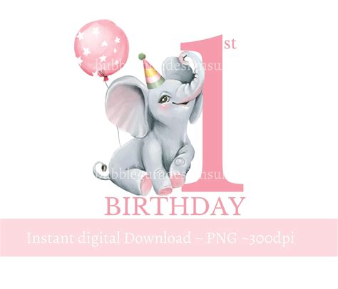 Baby Elephant 1st Birthday Png Watercolor Elephant With Pink Etsy Uk