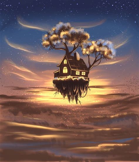 Art Drawing Fantasy Landscape Flying House Home Magic Cloud Sky Sun