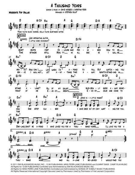 A Thousand Years For Voice And Easy Piano Lead Sheet With Chords Free