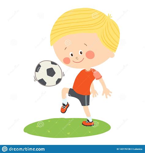 Little Boy Playing Soccer Child Kicking Football On The Football Field