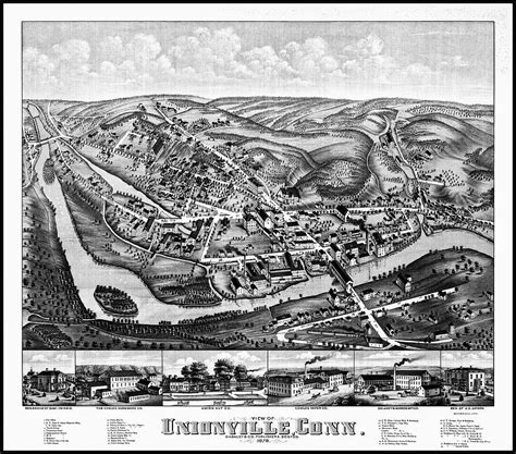 Unionville Connecticut Vintage Map Birds Eye View 1878 Black And White
