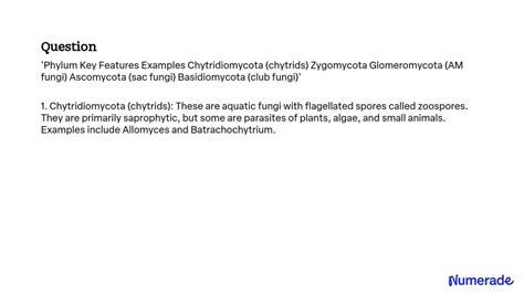 Solved Phylum Key Features Examples Chytridiomycota Chytrids