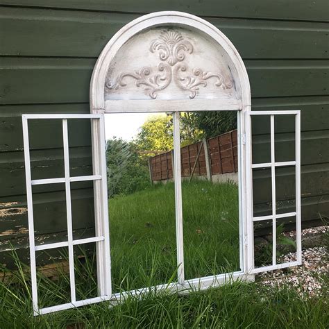 Vintage Rustic White Metal Arched Garden Mirror Shutters Outdoor