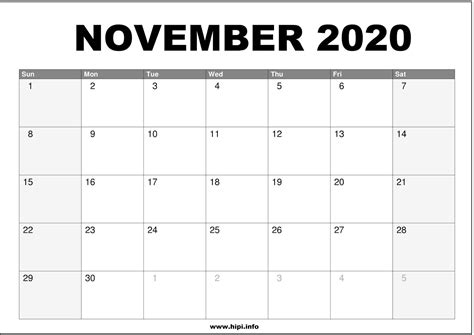 November 2020 Calendar Printable Monthly Calendar Free Download