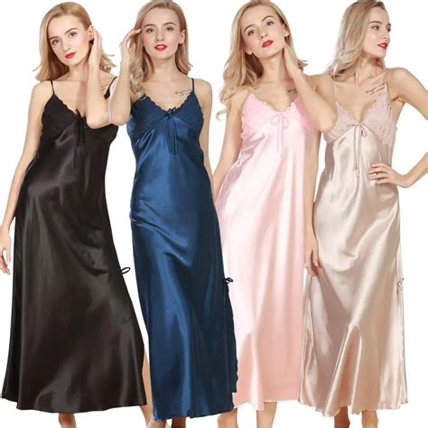 Long Women Summer Night Dress Plus Size Sexy Lace Nightgown Silk Satin Nightdress Night Gown