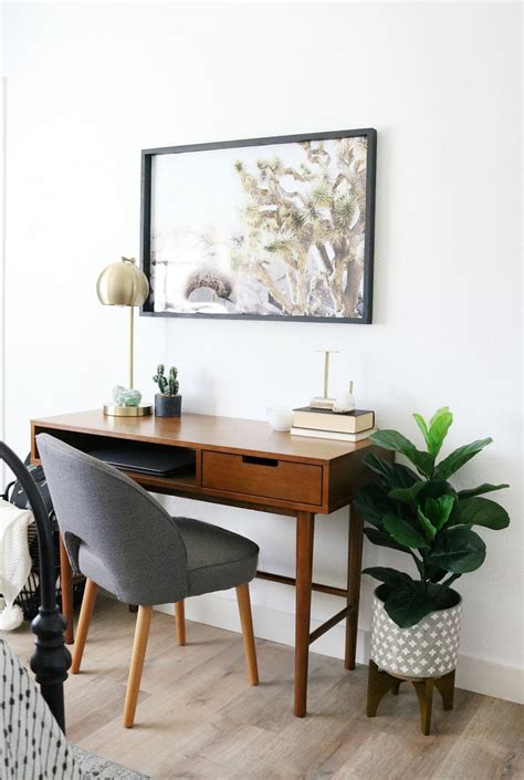 Mid Century Boho Inspired Workspace Desk In Living Room Home Office