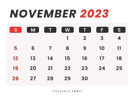Calendario Mes Noviembre 2023 Vector Premium