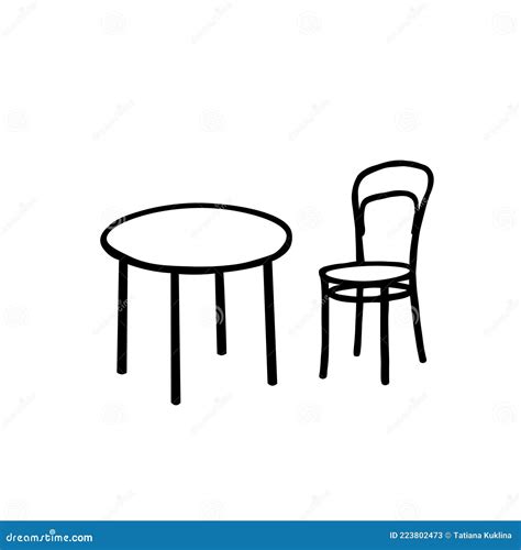 Black Vector Outline Illustration Of A Room With A Table And A Chair On