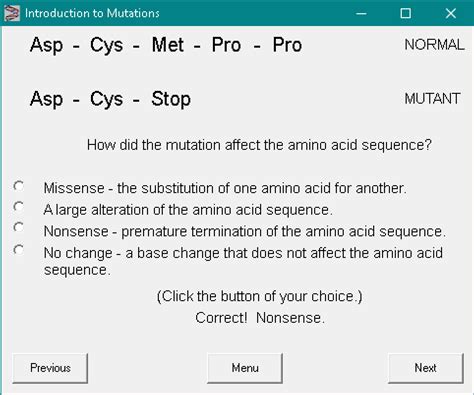 Mutations, for the most part, are harmless except point mutations are the most common type of mutation and there are two types. DNA - The Master Molecule (computer simulation) key