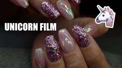 Acrylic Nail Design With Unicorn Film And Holographic Glitter Youtube