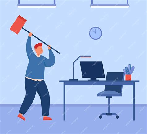 Premium Vector Angry Business Person Breaking Computer With Hammer In
