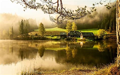 Wallpaper Country House Lake Morning Quiet Beautiful