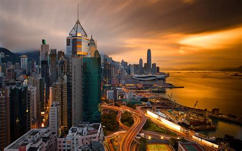 Hong Kong China La Ciudad De Noche Puerto Cielo Edificios Noche