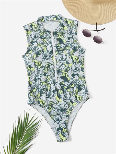 Floral Print Zipper Front One Piece Swimsuit Shein Usa