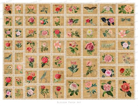 Postage Stamps Printable Sheet Vintage Roses Junk Journal Etsy