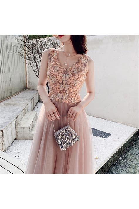 Nude Pink Flowers Vneck Cheap Prom Dress With Long Tulle Am Sheprom Com