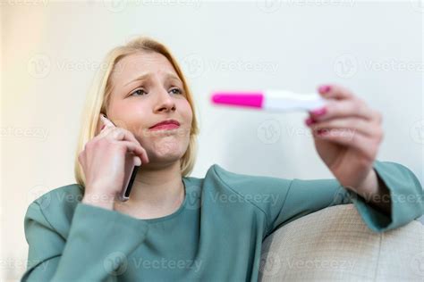 Shocked Woman Looking At Control Line On Pregnancy Test Single Sad Woman Complaining Holding A