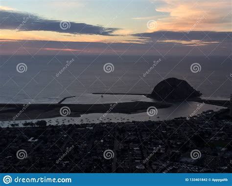 Morro Bay Aerial Photo At Sunset With Tall Ships Entering Harbor Stock